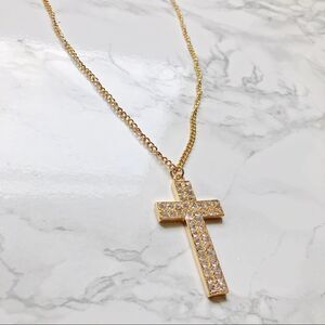2/$30 Long Gold Crystal Detail Diamond Diamante Rhinestone Cross Necklace